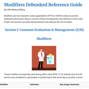 Könnte beinhalten: Ein Dokument mit dem Titel Modifiers Debunked Reference Guide von KR2 Medical Billing. Es erklärt zweistellige Codes für CPT- oder HCPCS-Dienste. Die Seite enthält eine Grafik einer medizinischen Fachkraft mit Stethoskop und Klemmbrett sowie eine Tabelle.