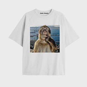 May include: A white short-sleeved t-shirt featuring a graphic print of a brown monkey with its hand near its chin, set against a coastal harbor background. The text Kalic Studio is printed in black on the inside collar area of the garment.