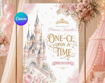 編集可能なプリンセス1歳の誕生日ウェルカムサイン、ワンス・アポン・ア・タイム誕生日サイン、おとぎ話のプリンセスパーティーデコレーション、Canvaテンプレート