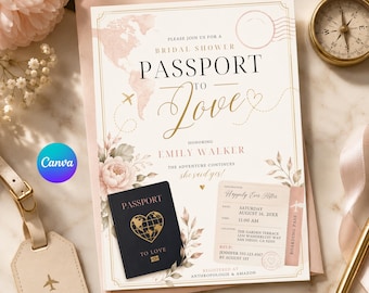May include: A bridal shower invitation titled Passport to Love for Emily Walker, featuring a world map, floral accents, and a boarding pass graphic. The card includes event details for Saturday, August 16, 20XX, at 11:00 AM at The Garden Terrace.