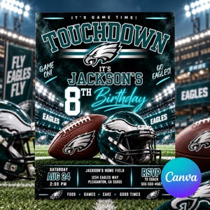 Op de afbeelding: Een verjaardagsuitnodiging flyer met een American football thema, inclusief de tekst TOUCHDOWN, IT'S JACKSON'S 8TH BIRTHDAY en evenementdetails. Het ontwerp toont een football, een helm met adelaarslogo en een stadionachtergrond in blauwgroen en zwart.