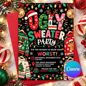 Könnte beinhalten: Eine schwarze Einladungskarte mit dem Text UGLY SWEATER PARTY, TIS THE SEASON TO WEAR YOUR WORST, SATURDAY, DECEMBER 14TH 7:00 PM, THE JONES RESIDENCE 123 HOLLY JOLLY LANE DUBLIN, CA 55555, und PRIZES FOR THE UGLIEST SWEATER.
