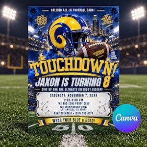 May include: A football-themed birthday invitation featuring a blue and yellow helmet, a brown football, and the text: CALLING ALL LA FOOTBALL FANS! TOUCHDOWN! JAXON IS TURNING 8. SUIT UP FOR THE ULTIMATE BIRTHDAY KICKOFF. SATURDAY, NOVEMBER 7, 20XX, 2:00-5:00 PM.