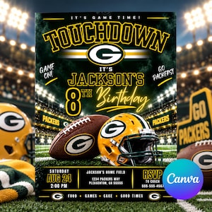 May include: A Green Bay Packers themed birthday invitation featuring a football, a helmet, and stadium lights. Text includes: IT'S GAME TIME! TOUCHDOWN, IT'S JACKSON'S 8TH BIRTHDAY, GAME ON!, GO PACKERS!, SATURDAY AUG 24 2:00 PM, JACKSON'S HOME FIELD, 1234 PACKERS WAY.