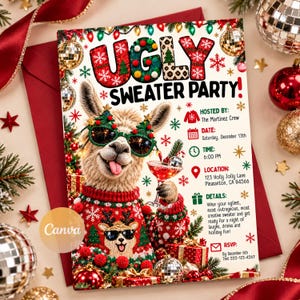 Puede incluir: Una tarjeta de invitación para una Ugly Sweater Party con un lama que lleva gafas de sol y un suéter estampado, sosteniendo un cóctel. El texto dice: Ugly Sweater Party, Hosted by: The Martinez Crew, Date: Saturday, December 13th, Time: 6:00 PM, Location: 123 Holly Jolly Lane, Pleasanton, CA 94566, Details: Wear your ugliest, most outrageous, most creative sweater and get ready for a night of laughs, drinks and holiday fun, RSVP: By December 6th, Text 555-123-4567.
