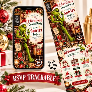 May include: A digital invitation for a Christmas cocktail party featuring a green character in a Santa hat holding a martini glass. The text reads Join us for a Christmas Cocktail Party, Making Spirits Bright, and The Nice(ish) List with event details.