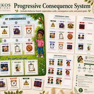May include: The Oikos Revival Progressive Consequence System includes a behavior board with My Consequences and My Expectations sections, multiple sheets of consequence and expectation cards with illustrations, and a parent guide for child behavior management.