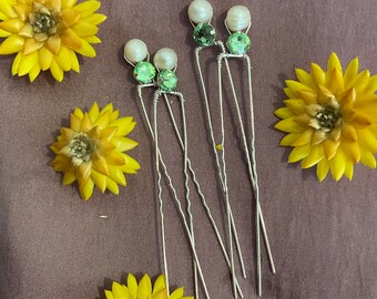 5 Beautiful Pearl and Gem Hair Pins, Silver Filled Wire