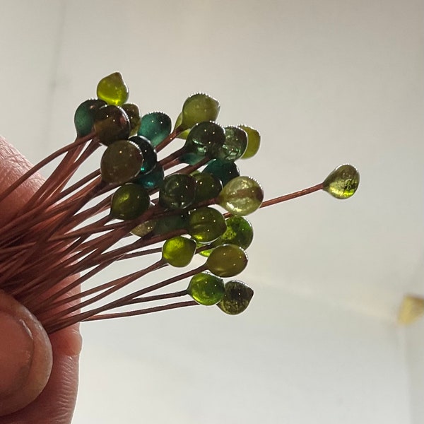 Transparent Glass Copper Headpins, 50 Shades of Green, Handmade, 50mm Long, Free Postage in Australia