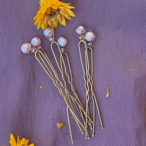 6 Beautiful Lilac Pearl and Pink Bead Hair Pins, Real Pearls, Free Postage