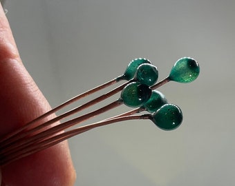 Transparent Glass Copper Headpins, Dark Green, Handmade, 50mm Long, Free Postage in Australia