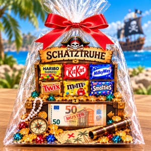 May include: A treasure chest gift set wrapped in clear plastic with a red bow, featuring a pirate skull sign labelled SCHATZTRUHE, assorted candy bars including Haribo, KitKat, MilkyWay, Twix, M&Ms, and Smarties, a 50 Euro muster note, a compass, and a telescope.