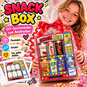 Peut inclure: Un coffret cadeau snack box en forme de distributeur automatique, emballé dans du plastique transparent avec un ruban rouge. Il contient des Kinder Country, Duplo, Mars, Haribo Goldbären, Tic Tac, M&Ms et un billet de 20 euros. Modèles inclus.