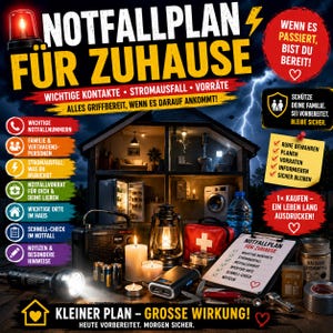 Peut inclure: Un guide de préparation aux urgences intitulé NOTFALLPLAN FÜR ZUHAUSE montrant une coupe transversale d'une maison, une radio, une lanterne, une lampe de poche, une trousse de secours, une bouteille d'eau, des piles, des bougies et une liste.