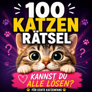 Könnte beinhalten: Eine Grafik mit einer braunen getigerten Katze mit großen Augen, umgeben von rosa Pfotenabdrücken und Fragezeichen. Der Text lautet 100 KATZEN RÄTSEL, KANNST DU ALLE LÖSEN? und FÜR ECHTE KATZENFANS. Der Hintergrund ist dunkelviolett mit Lichtstrahlen.