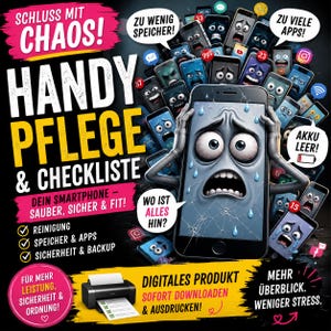 May include: A digital infographic poster titled SCHLUSS MIT CHAOS! HANDY PFLEGE & CHECKLISTE featuring a central smartphone character with a cracked screen and stressed expression surrounded by many other distressed smartphone icons and text bubbles.