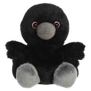 May include: A plush stuffed animal shaped like a crow with soft black fur, a rounded head, and two outstretched wings. It features a grey beak, grey feet, and large, round, dark eyes with thin pinkish-red rims, sitting in an upright position.