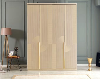Armario moderno de madera de 4 puertas con cajones, 160 cm, elegante armario beige suave, armario contemporáneo para guardar ropa de dormitorio, independiente.