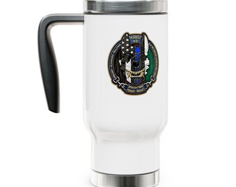 Kabul K9 Stainless Steel Travel Mug with Handle, 14oz, with one side of K9 coin logo