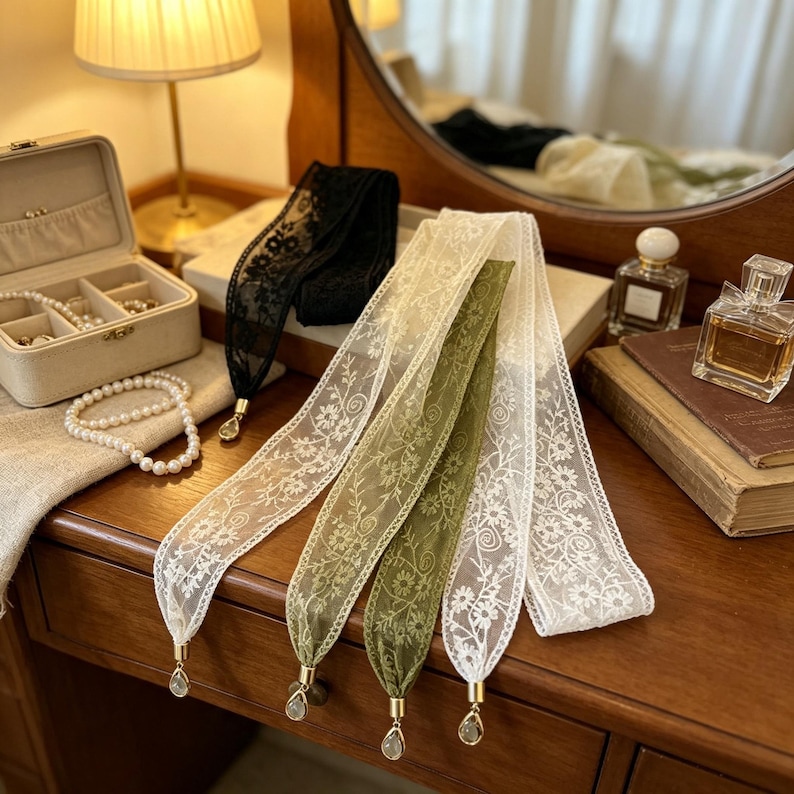 Nastro per capelli floreale in pizzo, fascia per capelli con delicato foulard e cristalli, accessorio per capelli vintage a forma di fiocco per donna, regalo per capelli da sposa immagine 2
