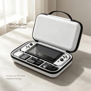 May include: A white slim carry case with a shockproof EVA shell, featuring an open interior with organized storage compartments. Inside, a white handheld gaming console is placed alongside a white power adapter and black charging accessories.