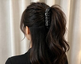 Fermaglio per capelli a banana, elastico per coda di cavallo con strass e perle, fermaglio per capelli in acrilico con stampa leopardata, elegante morsetto verticale per capelli, accessorio per capelli da donna, regalo