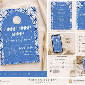 May include: A digital event invitation template featuring a blue arched design with white tile patterns, a disco ball, and line art of two clinking glasses. The text reads GIMME! GIMME! GIMME! A new last name! Julin's Hen Do 1st-3rd August 2024 London.