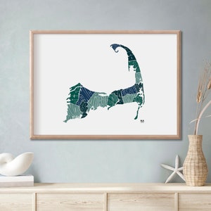 Impresión de mapa de pueblos de Cape Cod, MA • Póster de arte mural de Massachusetts • Tipografía dibujada a mano • Regalo único • Temática en blanco y negro o del océano