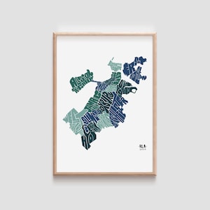 Impression de la carte des quartiers de Boston • Poster d'art mural du Massachusetts • Dessiné à la main • Cadeau unique • Noir ou bleu océan