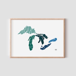 Impression de la carte des Grands Lacs • Poster d'art mural • Dessiné à la main • Cadeau unique