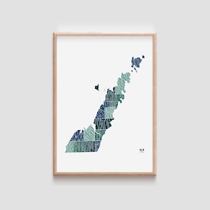Impression de carte typographique dessinée à la main des villes du comté de Door • Affiche d'art mural du Wisconsin • Cadeau unique