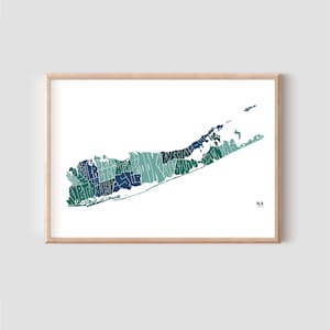 Impression de carte des villes de Long Island • Poster d'art mural New York • Typographie dessinée à la main • Cadeau unique • Noir et blanc ou bleu océan
