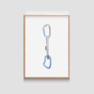 May include: A framed print showing a watercolour illustration of two climbing carabiners. The carabiners are silver and blue, linked by a grey and white strap. The artwork is set against a white background.