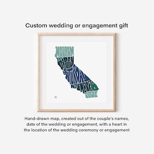 Impression personnalisée pour cadeau de mariage • Carte typographique dessinée à la main • Nom et date du couple • Cadeau unique en son genre • Anniversaire, mariage, fiançailles