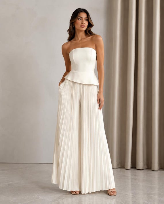 Ivory Strapless Peplum Pants Set, Pleated Wide Leg Wedding Guest Outfit