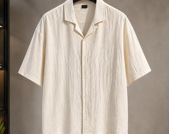 Men’s Cream Linen Blend Shirt, Short Sleeve Camp Collar Summer Button-Up
