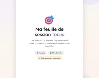 Foglio di lavoro per sessioni di focalizzazione sull'ADHD in formato PDF stampabile | Metodo Pomodoro adattato per l'ADHD | Agenda bilingue (francese e inglese) | Download immediato