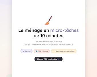 Agenda per le pulizie per persone con ADHD: micro-compiti da 10 minuti (PDF stampabile) | Routine di pulizia adatta a chi ha l'ADHD | Rotazione settimanale (francese e inglese)