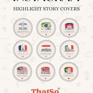 May include: A set of nine circular Instagram highlight story covers featuring illustrations of landmarks and flags from Argentina, Brazil, Cambodia, France, Hungary, Italy, Malaysia, Norway, and Portugal, with the text ThatSo Punny Studio at the bottom.