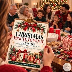 May include: A clipboard featuring a Christmas Minute to Win It game sign with red and green holiday graphics, including pine branches, pinecones, red bows, and gift boxes, with text detailing 20 festive 60-second party challenges.