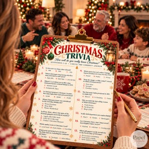 May include: A wooden clipboard holding a Christmas trivia game sheet with fifteen multiple-choice questions. The header reads Christmas Trivia, How well do you really know Christmas? The design features festive greenery, red berries, and a lantern.