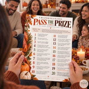 May include: A rectangular Thanksgiving Pass the Prize game card featuring a list of twenty prompts for a family party. The design includes illustrations of roasted turkey, pumpkins, and autumn leaves, with clear black text on a white background.