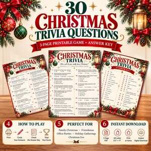 May include: A 3-page printable Christmas trivia game set featuring 30 questions and an answer key. The pages are decorated with red ribbons, pine branches, ornaments, and lanterns. Text includes 30 CHRISTMAS TRIVIA QUESTIONS and HOW TO PLAY.