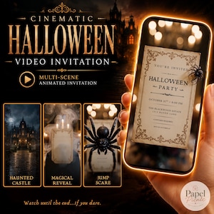 May include: A digital Halloween video invitation displayed on a smartphone screen, featuring a vintage-style parchment card with ornate borders, a black spider, and text reading You're Invited to a Halloween Party, October 31st, 8:00 PM, The Blackwood Estate.
