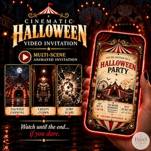 May include: A digital Halloween party invitation displayed on a smartphone screen, featuring a red and gold circus tent graphic, bats, and pumpkins. The text reads: You're invited to a Halloween party, Sat Oct 31, 7:00 PM, The Myers Residence.