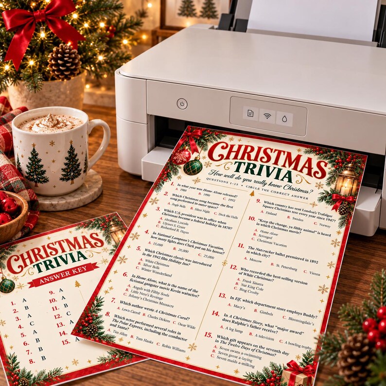 May include: A printed Christmas trivia game sheet and an answer key featuring festive red and green holiday graphics, including ornaments, pine branches, and a lantern. The text includes fifteen multiple-choice questions about Christmas movies and songs.