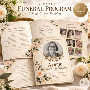 Plantilla de programa funerario, folleto conmemorativo de 8 páginas, programa de celebración de vida editable en Canva, orden del servicio funerario