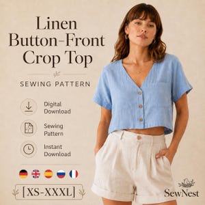 May include: A light blue linen button-front crop top sewing pattern with a V-neckline and short sleeves. The text reads Linen Button-Front Crop Top, Sewing Pattern, Digital Download, Instant Download, and sizes XS-XXXL. The design includes a pocket.