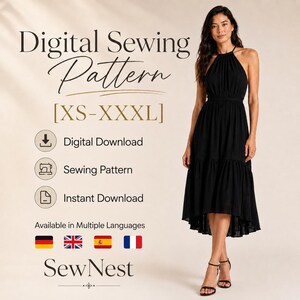 May include: A digital sewing pattern for a black midi dress with a halter neckline and a tiered skirt. The text reads Digital Sewing Pattern, XS-XXXL, Digital Download, Sewing Pattern, Instant Download, Available in Multiple Languages, and SewNest.