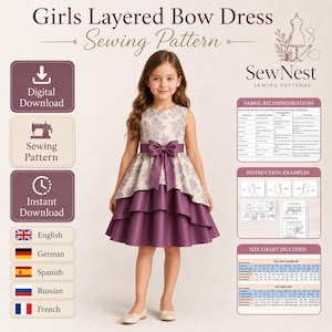 May include: A digital sewing pattern for a sleeveless dress featuring a beige bodice with a grey floral pattern, a solid purple waist sash with a bow, and a multi-layered purple skirt. The document includes fabric recommendations and a size chart.